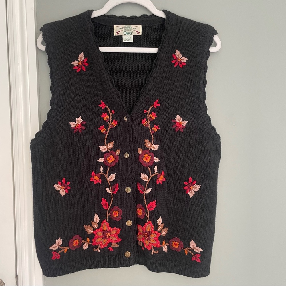 Vintage Orvis Fall Leaves Floral Embroidered Knitted V-Neck Sweater Vest
